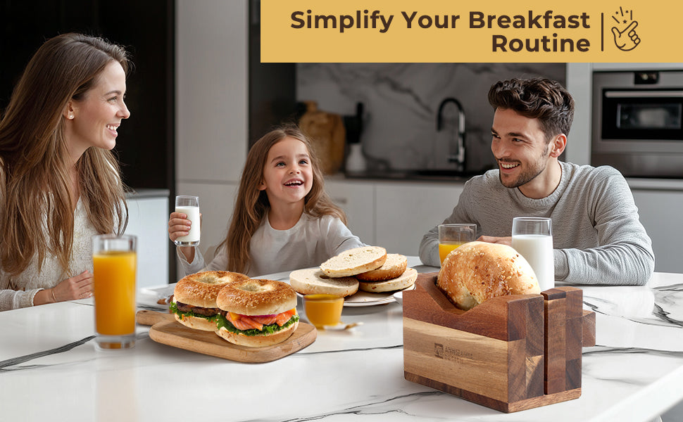 Annie & Mia Design Premium Acacia Wood Bagel Slicer | Stylish Hand Crafted Wood Bagel Cutter With Ergonomic Designed Handle Grip