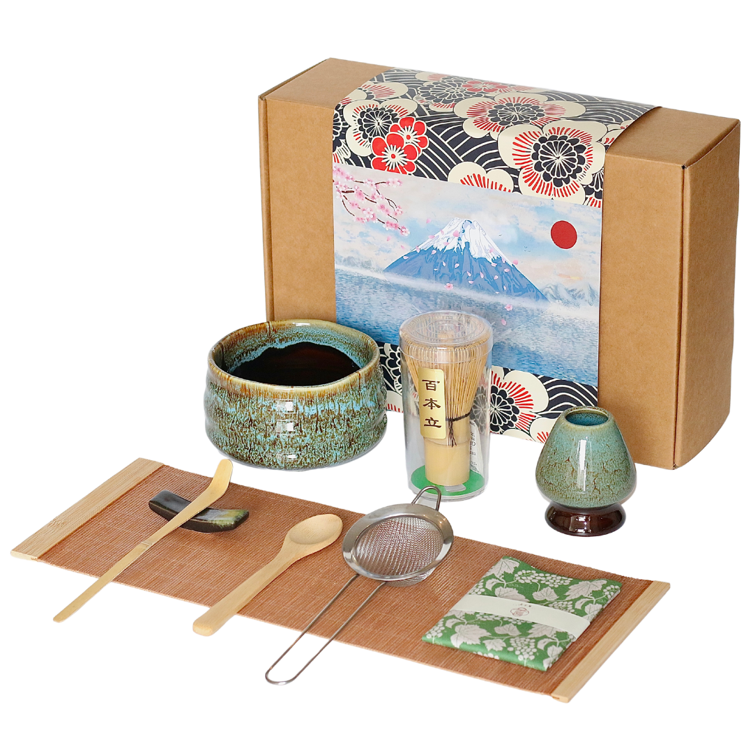 Matcha Whisk Set (9pcs), Japanese Tea Matcha Set includes Ceramic Matcha Bowl, Bamboo Matcha Whisk(chasen), Ceramic Matcha Whisk holder, Bamboo Matcha Scoop (chashaku). Blue color