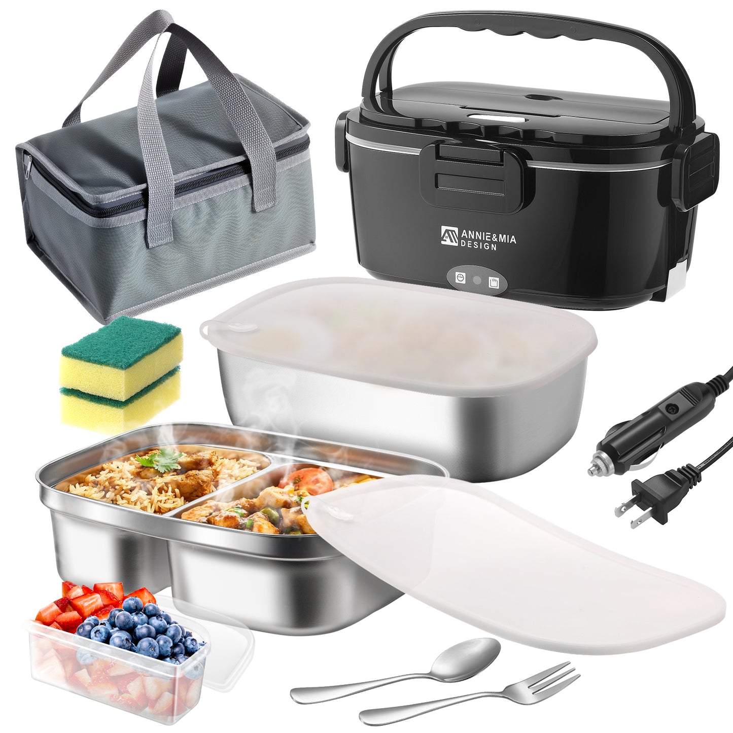Annie & Mia Design Electric Lunch Box for Adults, 80w 1.5L Dual Container Portable Food WarmerHeated Lunch Box, Home/Car/Office/Truck Use, Lonchera Eléctrica Portátil (black, 1.5L Dual Container)