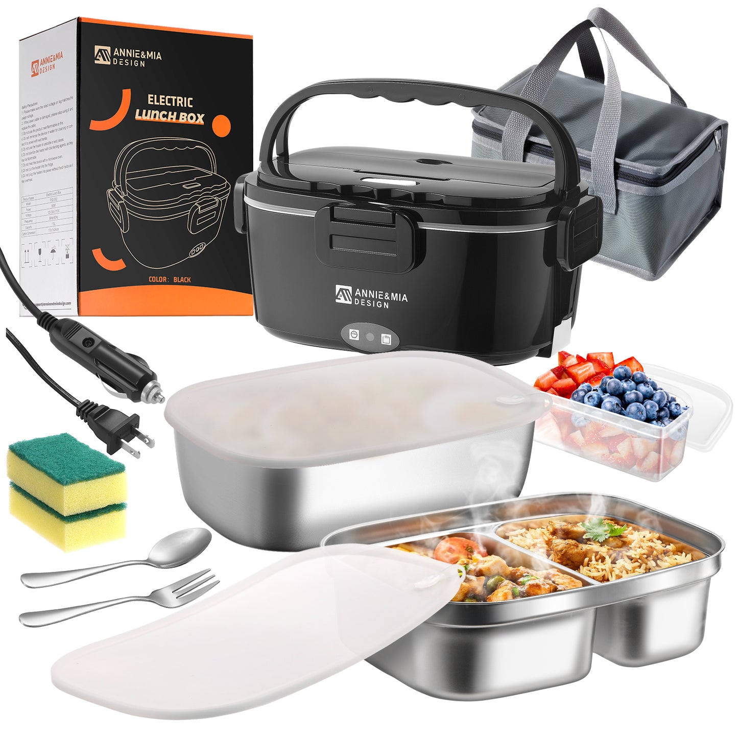 Annie & Mia Design Electric Lunch Box for Adults, 80w 1.5L Dual Container Portable Food WarmerHeated Lunch Box, Home/Car/Office/Truck Use, Lonchera Eléctrica Portátil (black, 1.5L Dual Container)