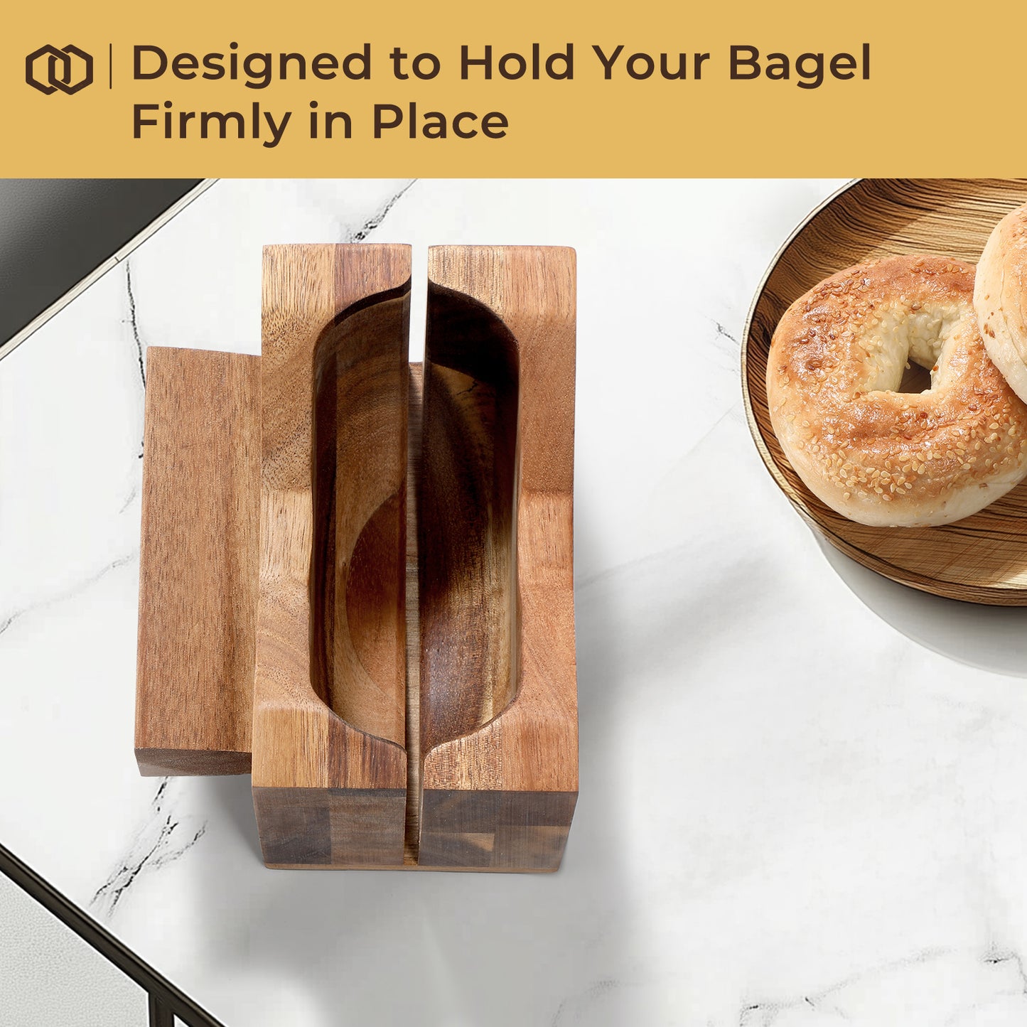 Annie & Mia Design Premium Acacia Wood Bagel Slicer | Stylish Hand Crafted Wood Bagel Cutter With Ergonomic Designed Handle Grip