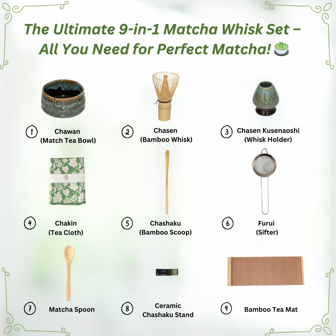 Matcha Whisk Set (9pcs), Japanese Tea Matcha Set includes Ceramic Matcha Bowl, Bamboo Matcha Whisk(chasen), Ceramic Matcha Whisk holder, Bamboo Matcha Scoop (chashaku). Blue color