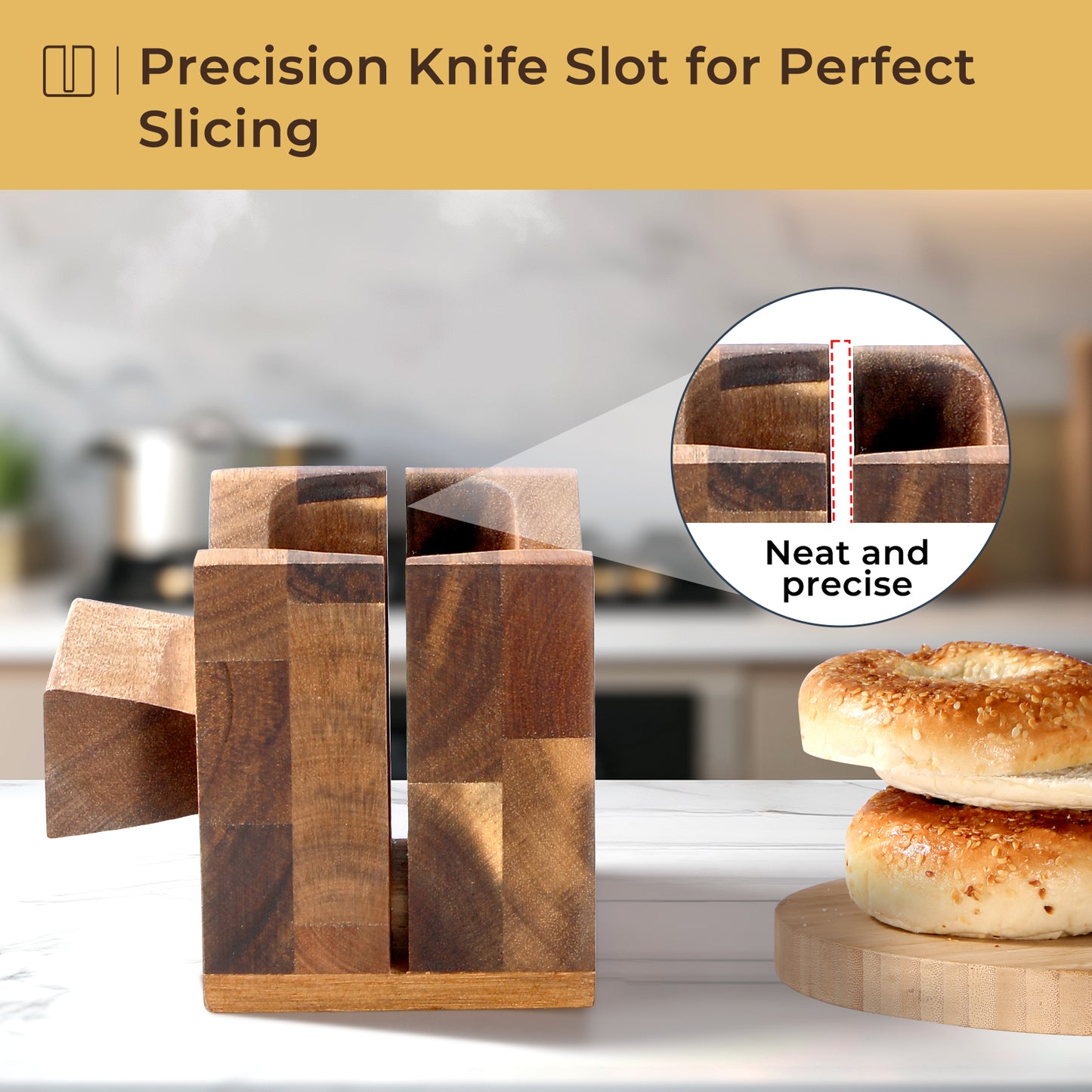 Annie & Mia Design Premium Acacia Wood Bagel Slicer | Stylish Hand Crafted Wood Bagel Cutter With Ergonomic Designed Handle Grip