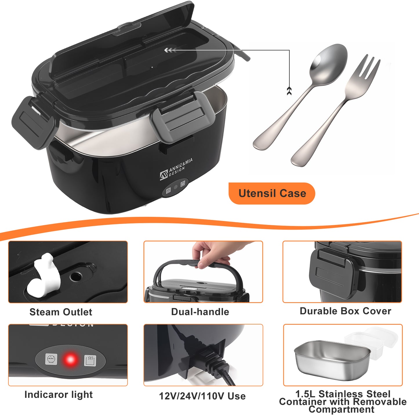 Electric Lunch Box for Adults, 80w 1.5L Portable Food Warmer, Double Handle, Heated Lunch Box for Adults, Home/Car/Office/Truck Use, Lonchera Eléctrica Portátil