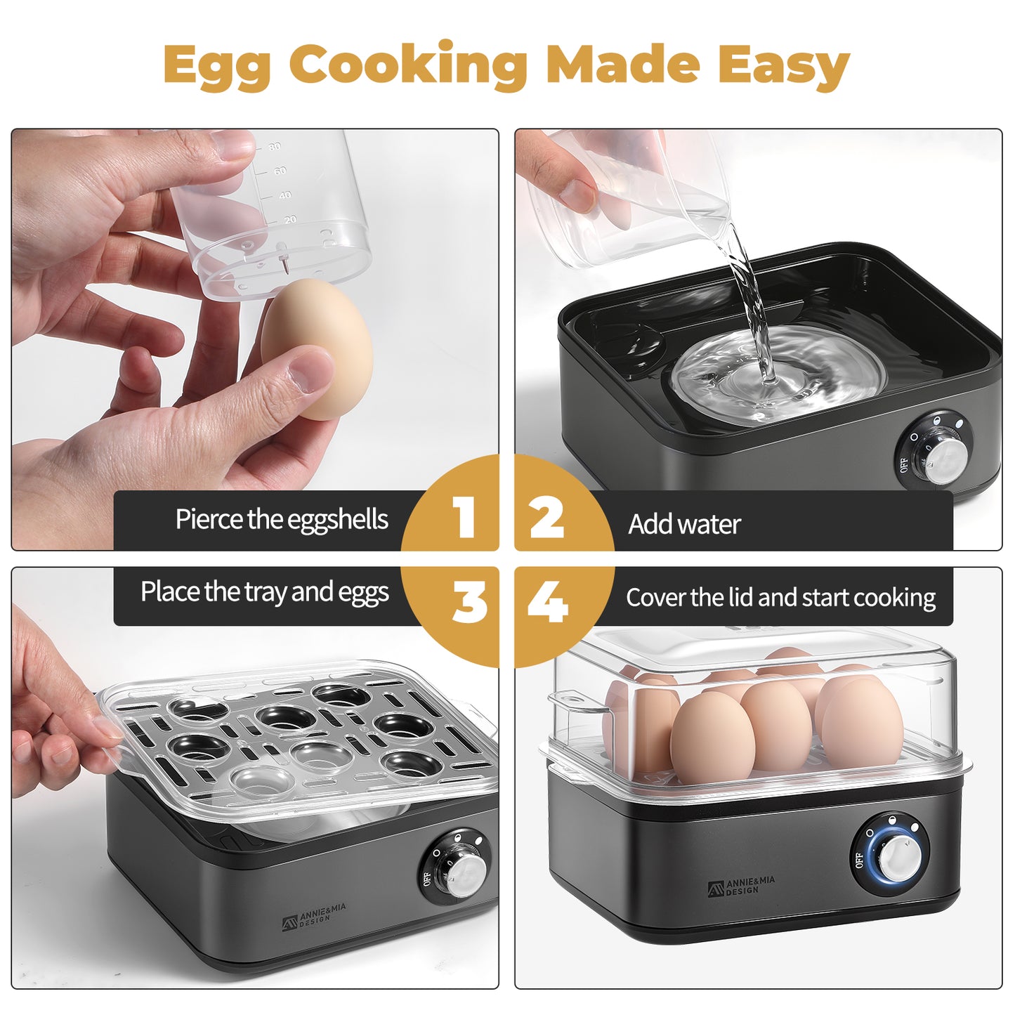 Electric Egg Cooker, Stainless Steel 8 Egg Capacity egg boiler, 500W, Hard, Medium, Soft Boiled Egg Poacher, egg steamer, Multi-function, Knob Controled Auto Shut-Off Function
