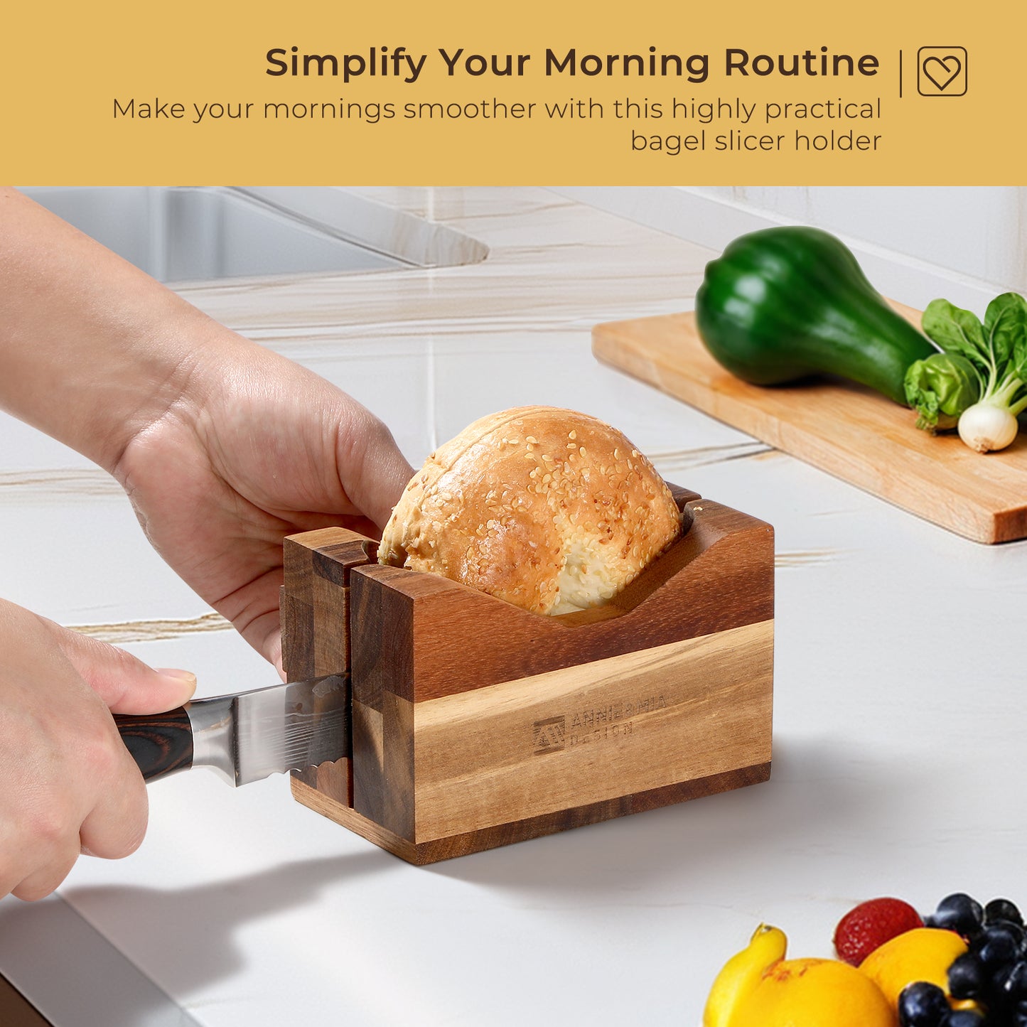 Annie & Mia Design Premium Acacia Wood Bagel Slicer | Stylish Hand Crafted Wood Bagel Cutter With Ergonomic Designed Handle Grip