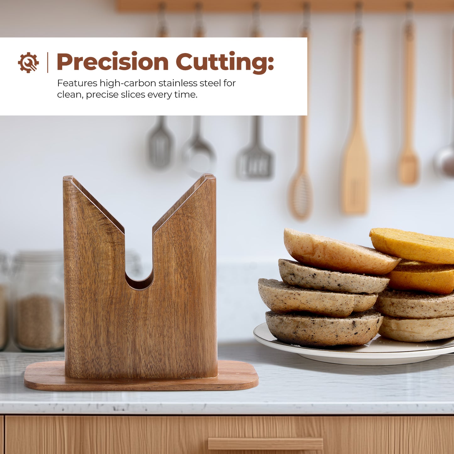 Annie & Mia Design Premium Acacia Wood Bagel Slicer, Stainless Steel Blade, Bagel Cutter with Safety Shield and Safe Grip