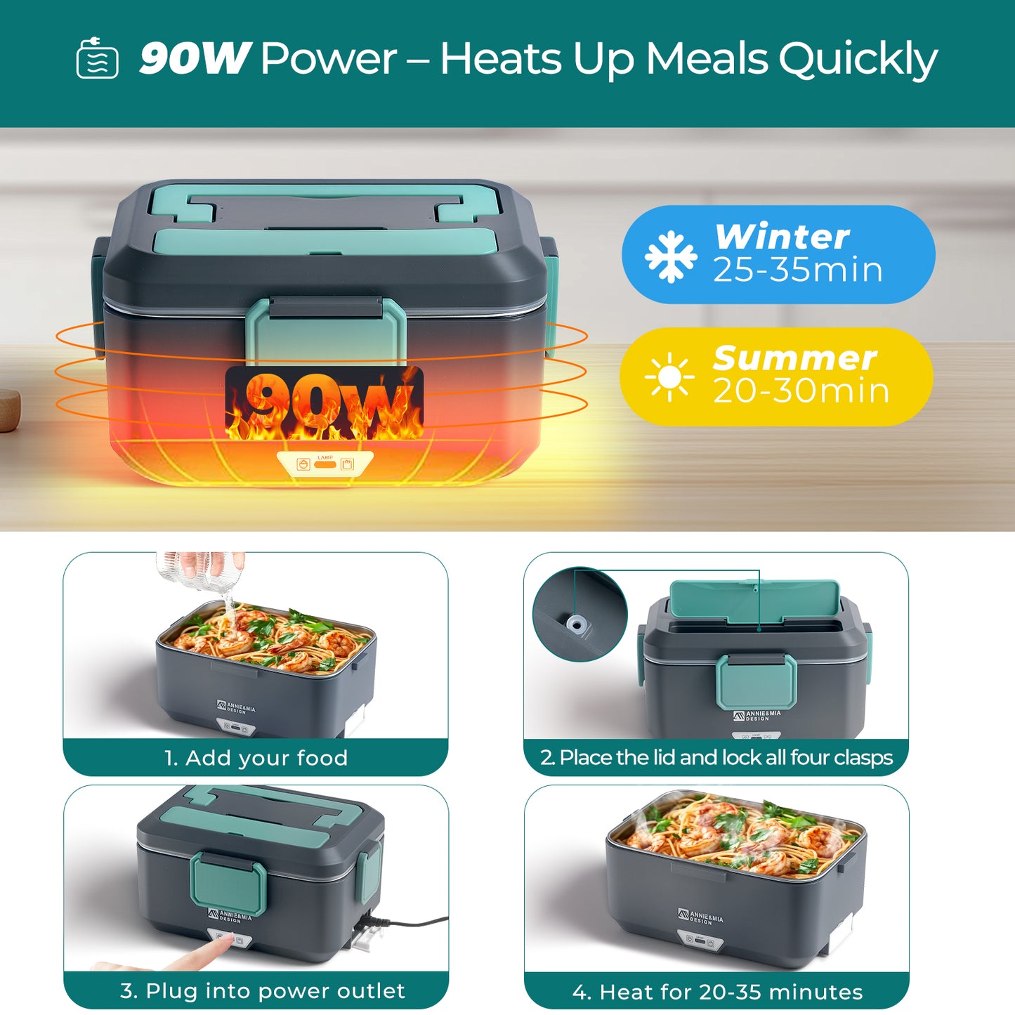 Annie & Mia Design Electric Lunch Box for Adults, 90w 3.5L 2-Layer Portable Food Warmer, Dual Mode 2.5L + 1L Heated Lunch Box for Adults, Home/Car/Office/Truck Use, Lonchera Eléctrica Portátil