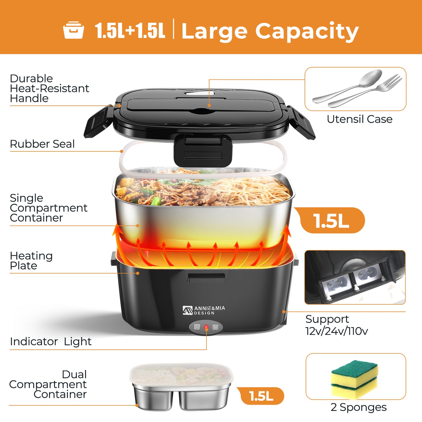 Annie & Mia Design Electric Lunch Box for Adults, 80w 1.5L Dual Container Portable Food WarmerHeated Lunch Box, Home/Car/Office/Truck Use, Lonchera Eléctrica Portátil (black, 1.5L Dual Container)