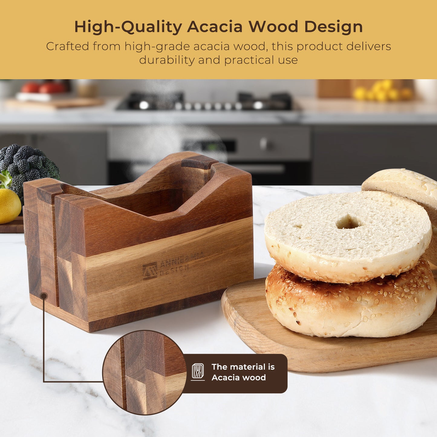 Annie & Mia Design Premium Acacia Wood Bagel Slicer | Stylish Hand Crafted Wood Bagel Cutter With Ergonomic Designed Handle Grip