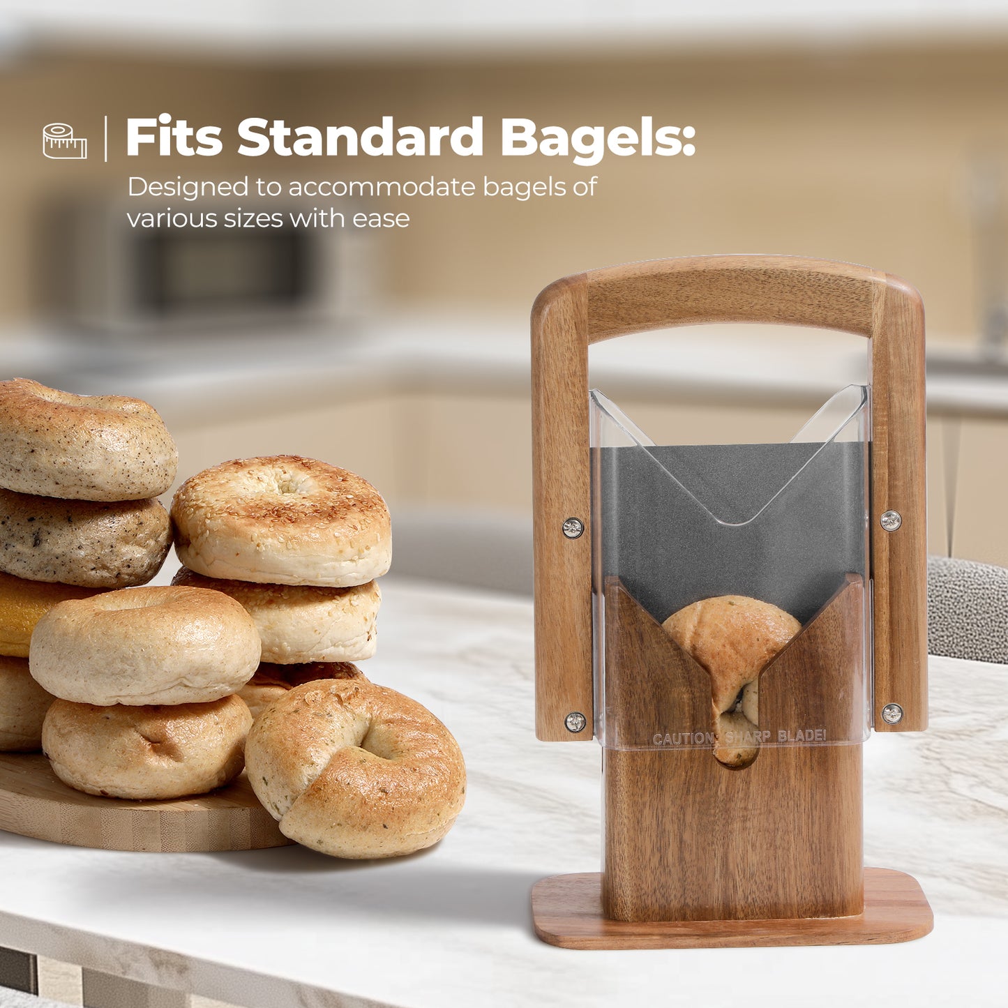 Annie & Mia Design Premium Acacia Wood Bagel Slicer, Stainless Steel Blade, Bagel Cutter with Safety Shield and Safe Grip