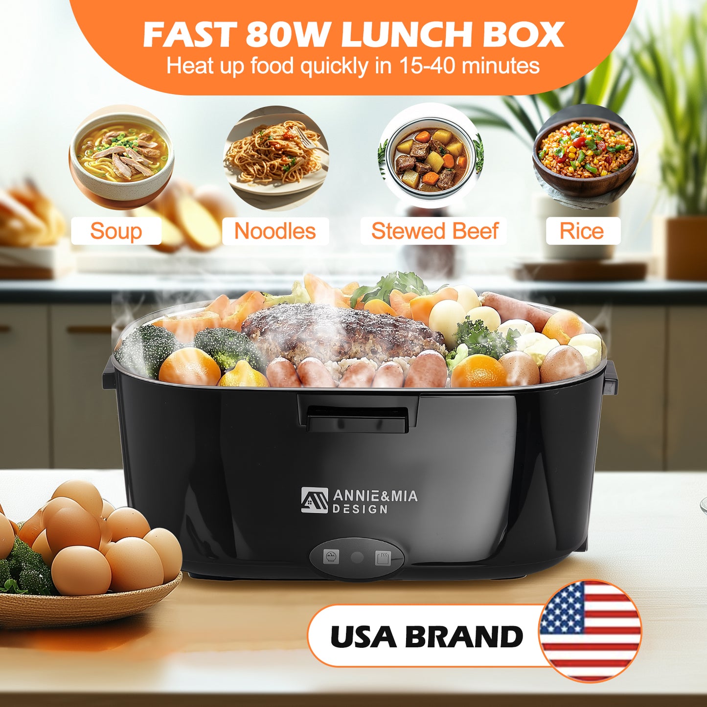 Electric Lunch Box for Adults, 80w 1.5L Portable Food Warmer, Double Handle, Heated Lunch Box for Adults, Home/Car/Office/Truck Use, Lonchera Eléctrica Portátil