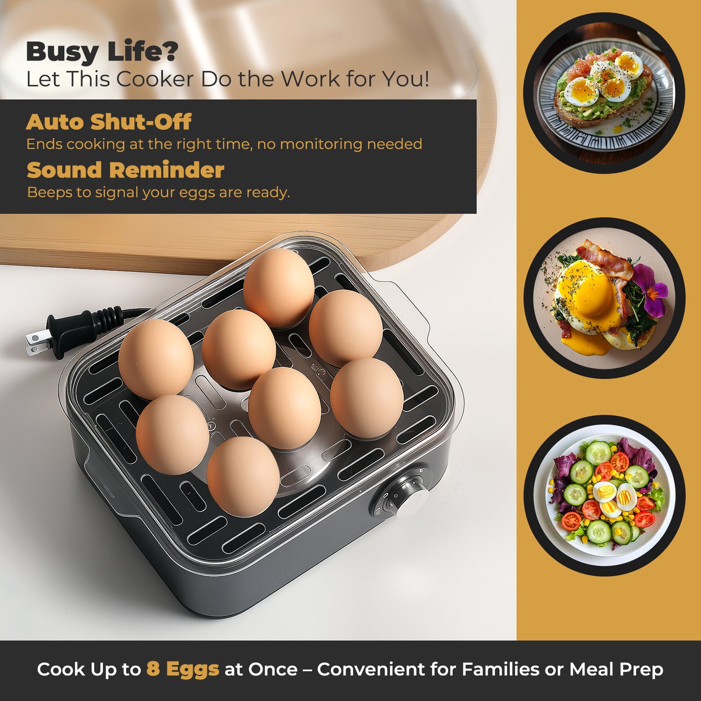 Electric Egg Cooker, Stainless Steel 8 Egg Capacity egg boiler, 500W, Hard, Medium, Soft Boiled Egg Poacher, egg steamer, Multi-function, Knob Controled Auto Shut-Off Function