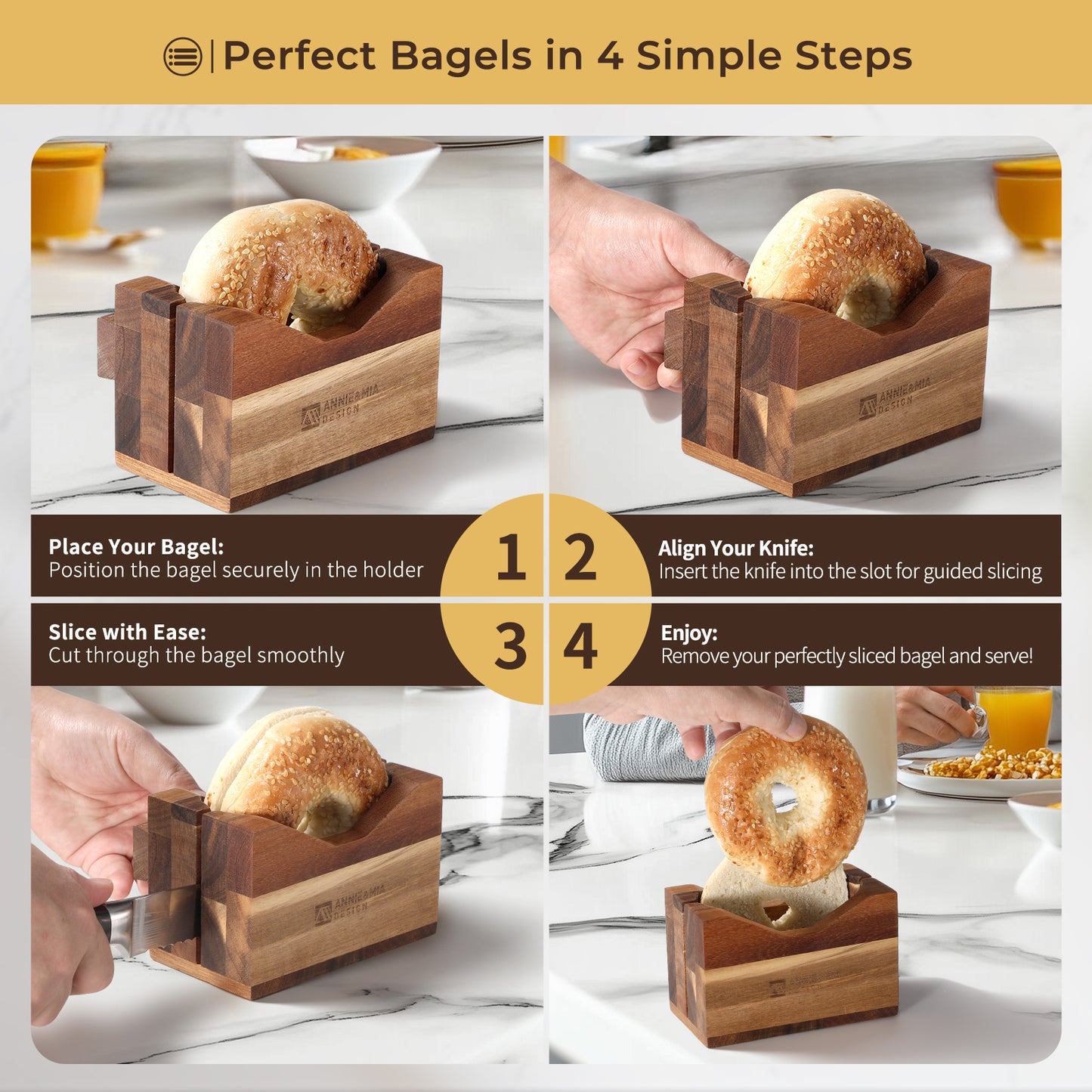 Annie & Mia Design Premium Acacia Wood Bagel Slicer | Stylish Hand Crafted Wood Bagel Cutter With Ergonomic Designed Handle Grip