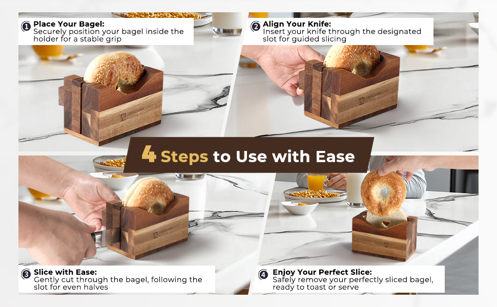 Annie & Mia Design Premium Acacia Wood Bagel Slicer | Stylish Hand Crafted Wood Bagel Cutter With Ergonomic Designed Handle Grip