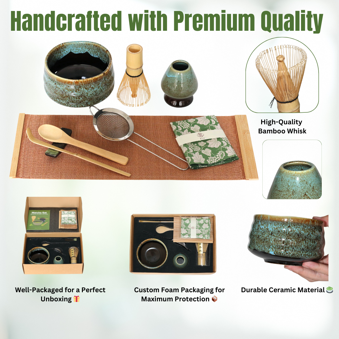 Matcha Whisk Set (9pcs), Japanese Tea Matcha Set includes Ceramic Matcha Bowl, Bamboo Matcha Whisk(chasen), Ceramic Matcha Whisk holder, Bamboo Matcha Scoop (chashaku). Blue color