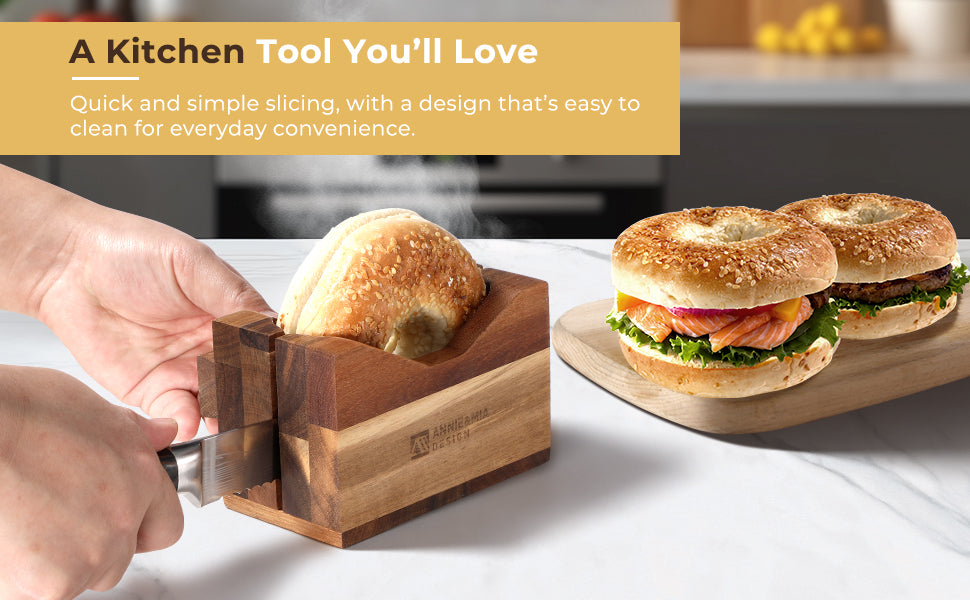 Annie & Mia Design Premium Acacia Wood Bagel Slicer | Stylish Hand Crafted Wood Bagel Cutter With Ergonomic Designed Handle Grip