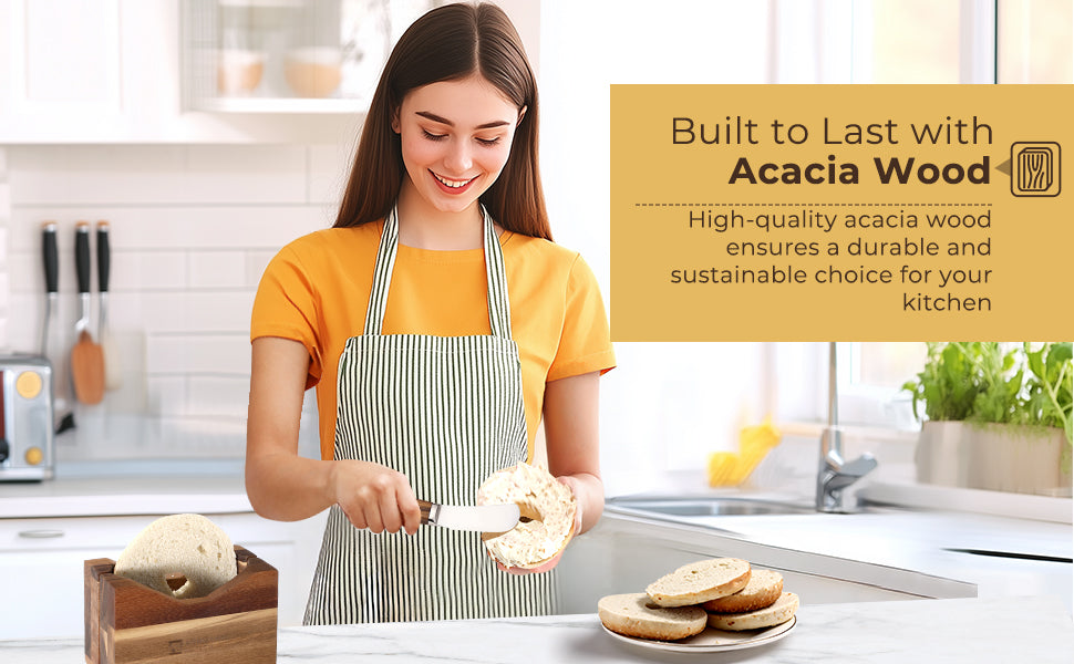 Annie & Mia Design Premium Acacia Wood Bagel Slicer | Stylish Hand Crafted Wood Bagel Cutter With Ergonomic Designed Handle Grip