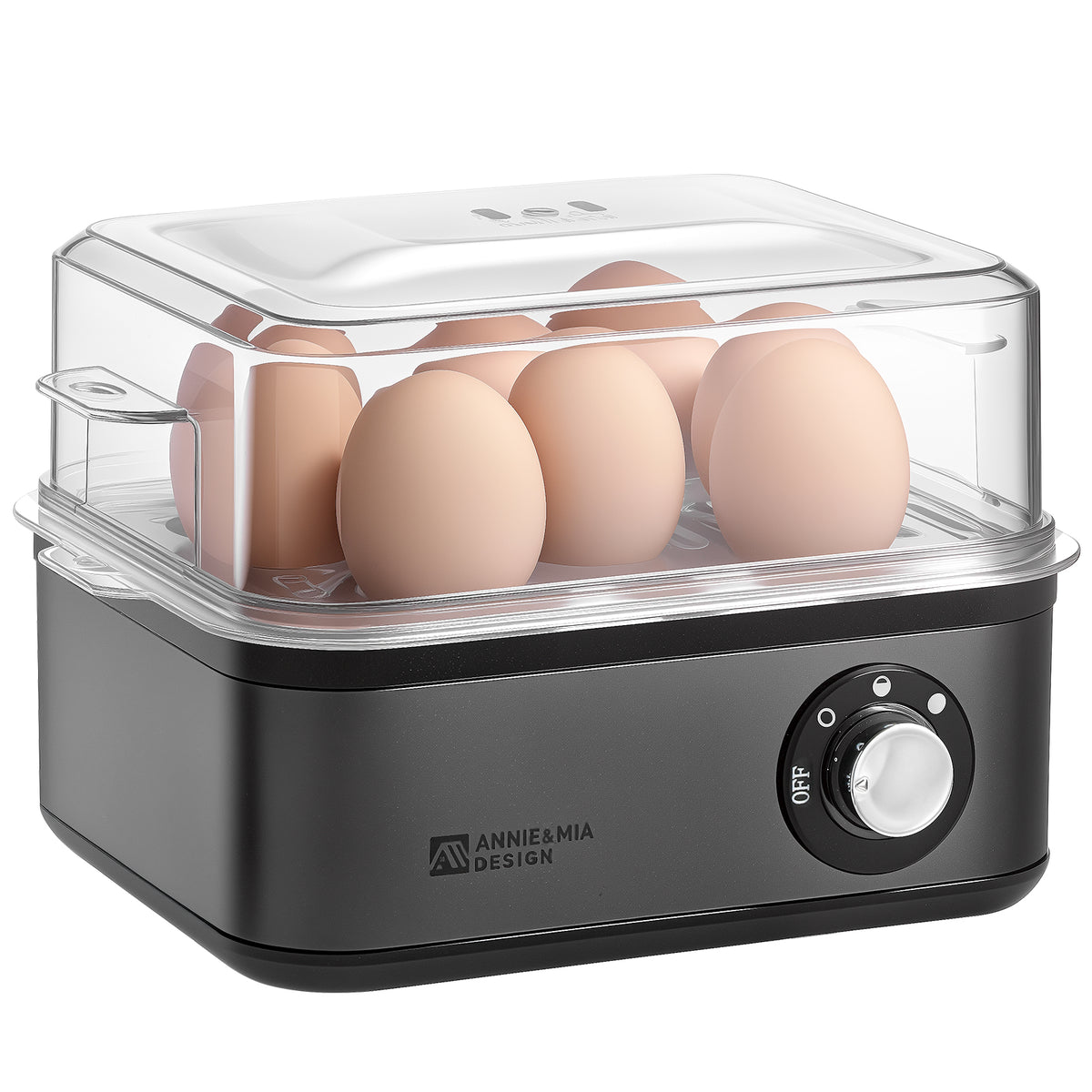 Annie & Mia Design electric egg cooker with fingerprint-resistant stainless steel body and transparent lid
