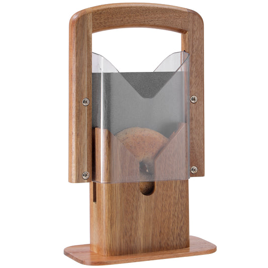 Annie & Mia Design Premium Acacia Wood Bagel Slicer, Stainless Steel Blade, Bagel Cutter with Safety Shield and Safe Grip