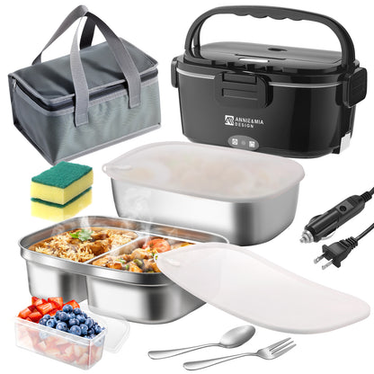 Annie & Mia Design Electric Lunch Box for Adults, 80w 1.5L Dual Container Portable Food WarmerHeated Lunch Box, Home/Car/Office/Truck Use, Lonchera Eléctrica Portátil (black, 1.5L Dual Container)