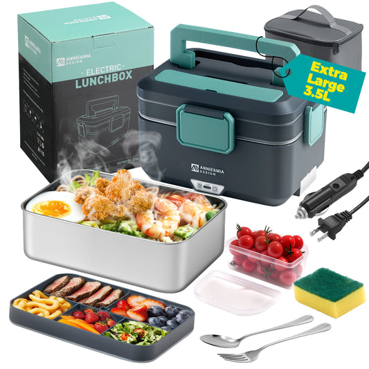 Annie & Mia Design Electric Lunch Box for Adults, 90w 3.5L 2-Layer Portable Food Warmer, Dual Mode 2.5L + 1L Heated Lunch Box for Adults, Home/Car/Office/Truck Use, Lonchera Eléctrica Portátil