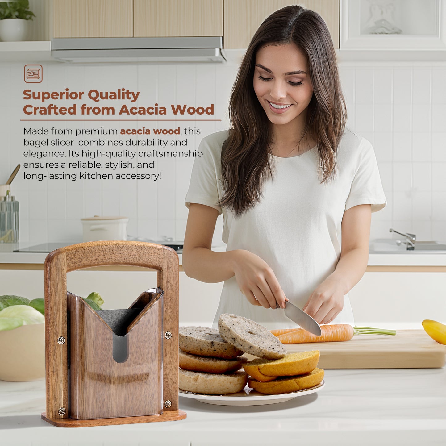Annie & Mia Design Premium Acacia Wood Bagel Slicer, Stainless Steel Blade, Bagel Cutter with Safety Shield and Safe Grip