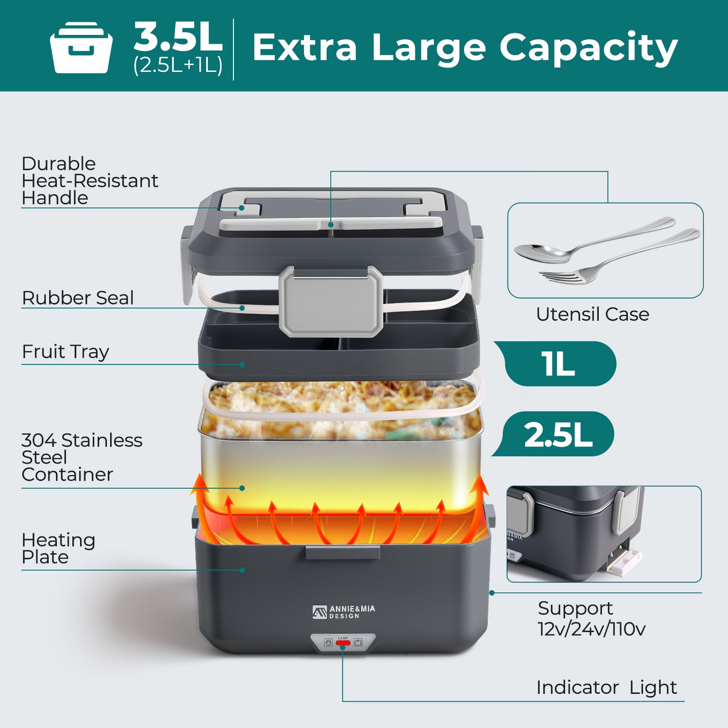 Annie & Mia Design 3.5L Electric Lunch Box - Steel Glacier