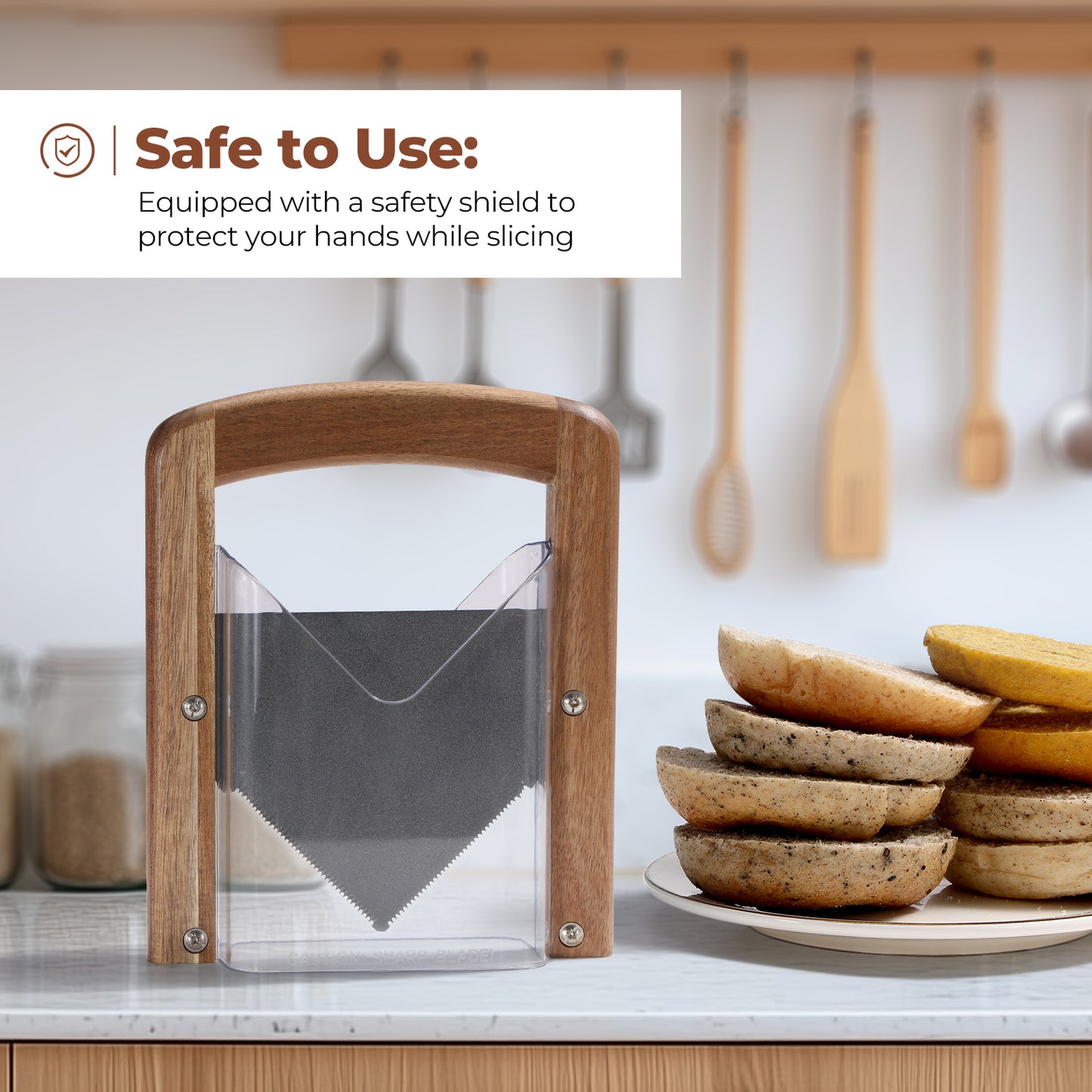 Annie & Mia Design Premium Acacia Wood Bagel Slicer, Stainless Steel Blade, Bagel Cutter with Safety Shield and Safe Grip