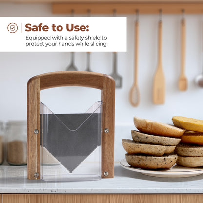 Annie & Mia Design Premium Acacia Wood Bagel Slicer, Stainless Steel Blade, Bagel Cutter with Safety Shield and Safe Grip