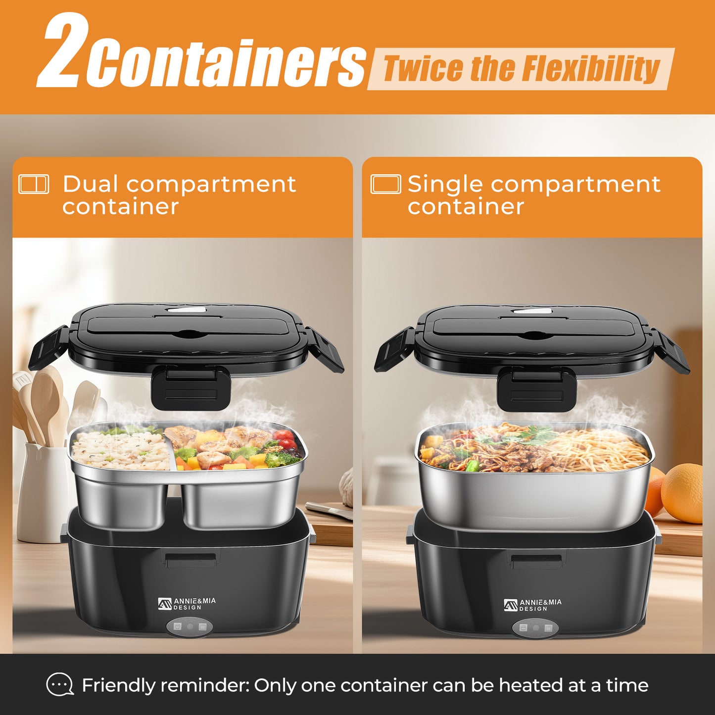 Annie & Mia Design Electric Lunch Box for Adults, 80w 1.5L Dual Container Portable Food WarmerHeated Lunch Box, Home/Car/Office/Truck Use, Lonchera Eléctrica Portátil (black, 1.5L Dual Container)