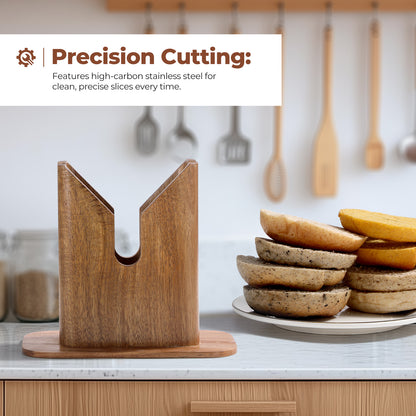 Annie & Mia Design Premium Acacia Wood Bagel Slicer, Stainless Steel Blade, Bagel Cutter with Safety Shield and Safe Grip
