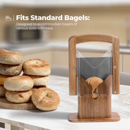 Annie & Mia Design Premium Acacia Wood Bagel Slicer, Stainless Steel Blade, Bagel Cutter with Safety Shield and Safe Grip
