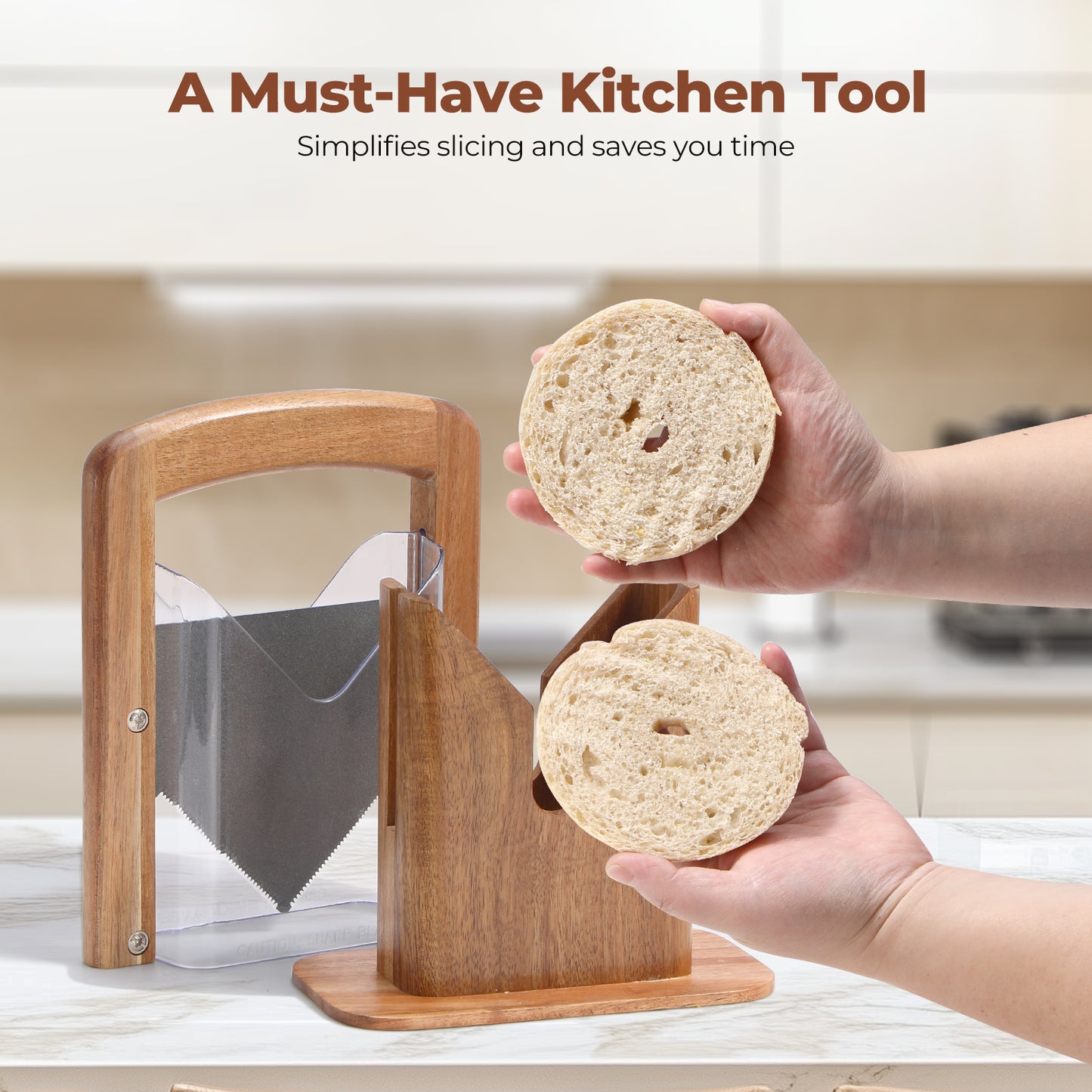 Annie & Mia Design Premium Acacia Wood Bagel Slicer, Stainless Steel Blade, Bagel Cutter with Safety Shield and Safe Grip