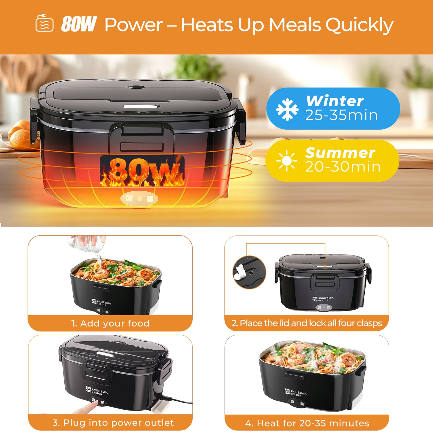 Annie & Mia Design Electric Lunch Box for Adults, 80w 1.5L Dual Container Portable Food WarmerHeated Lunch Box, Home/Car/Office/Truck Use, Lonchera Eléctrica Portátil (black, 1.5L Dual Container)