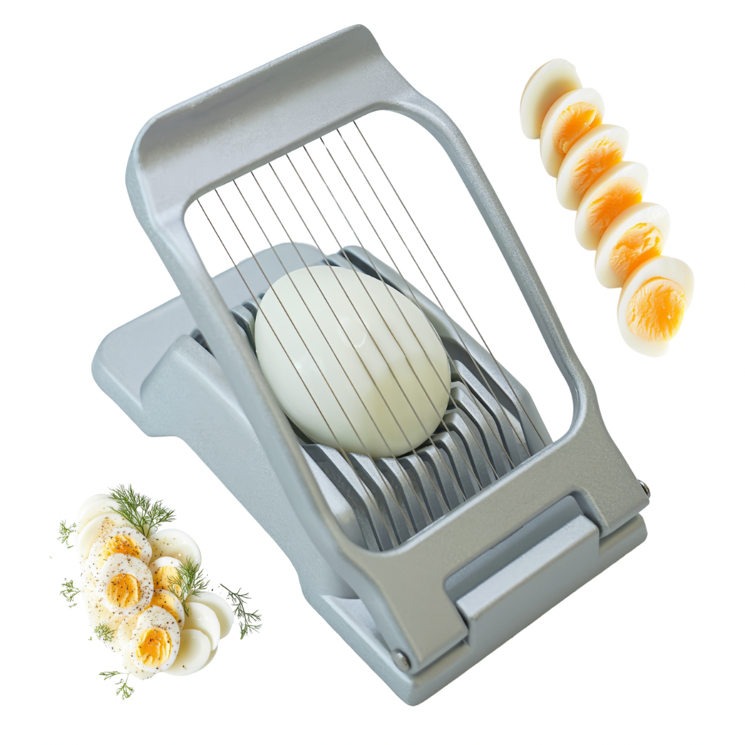 Egg slicer with stainless-steel wires slicing a hard-boiled egg, compact kitchen tool